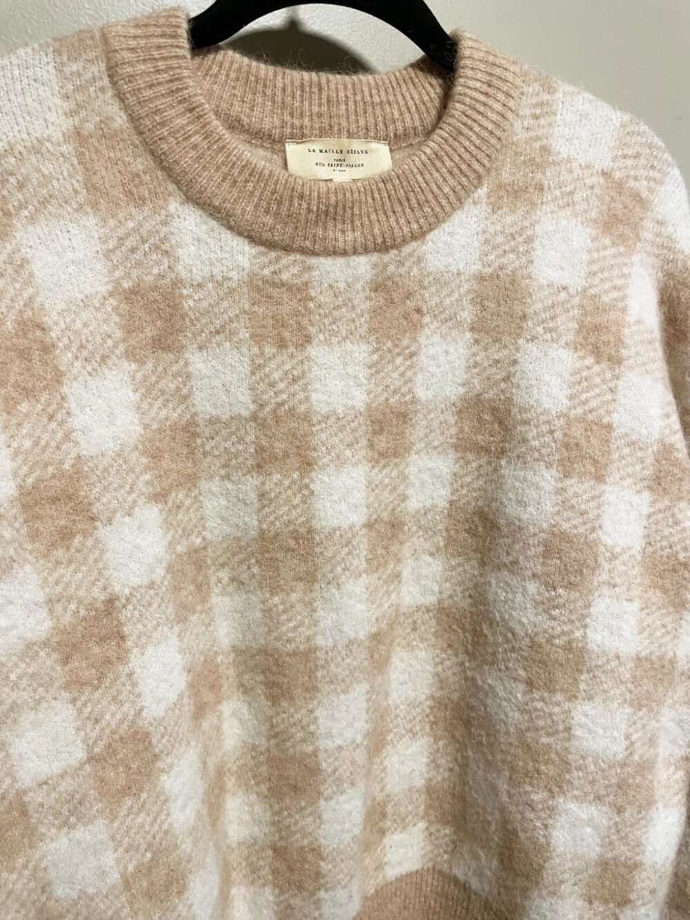 EUC Sezane Becky Wool Mohair Gingham Check Sweater Beige Ecru Large - Picture 5 of 8